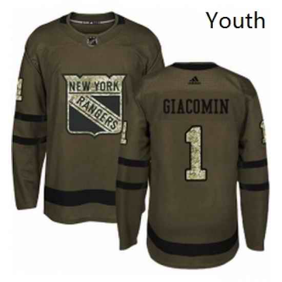 Youth Adidas New York Rangers 1 Eddie Giacomin Authentic Green Salute to Service NHL Jersey